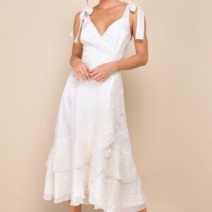 Lulus Elegant Direction Ivory Embroidered Ruffled Tie-strap Midi Dress White
